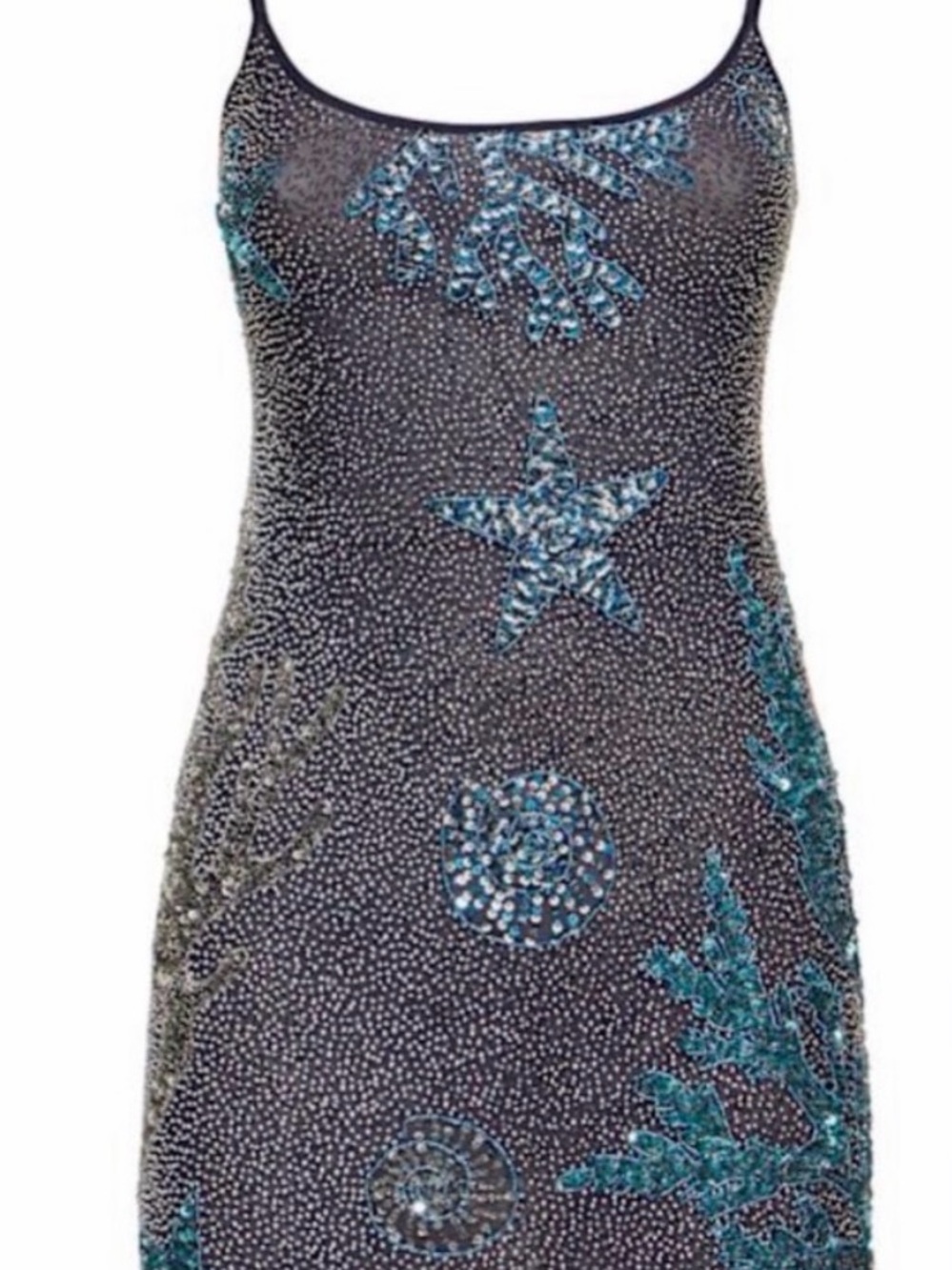 Navy Beaded Strapless Slip Dress with Teal Embellishment